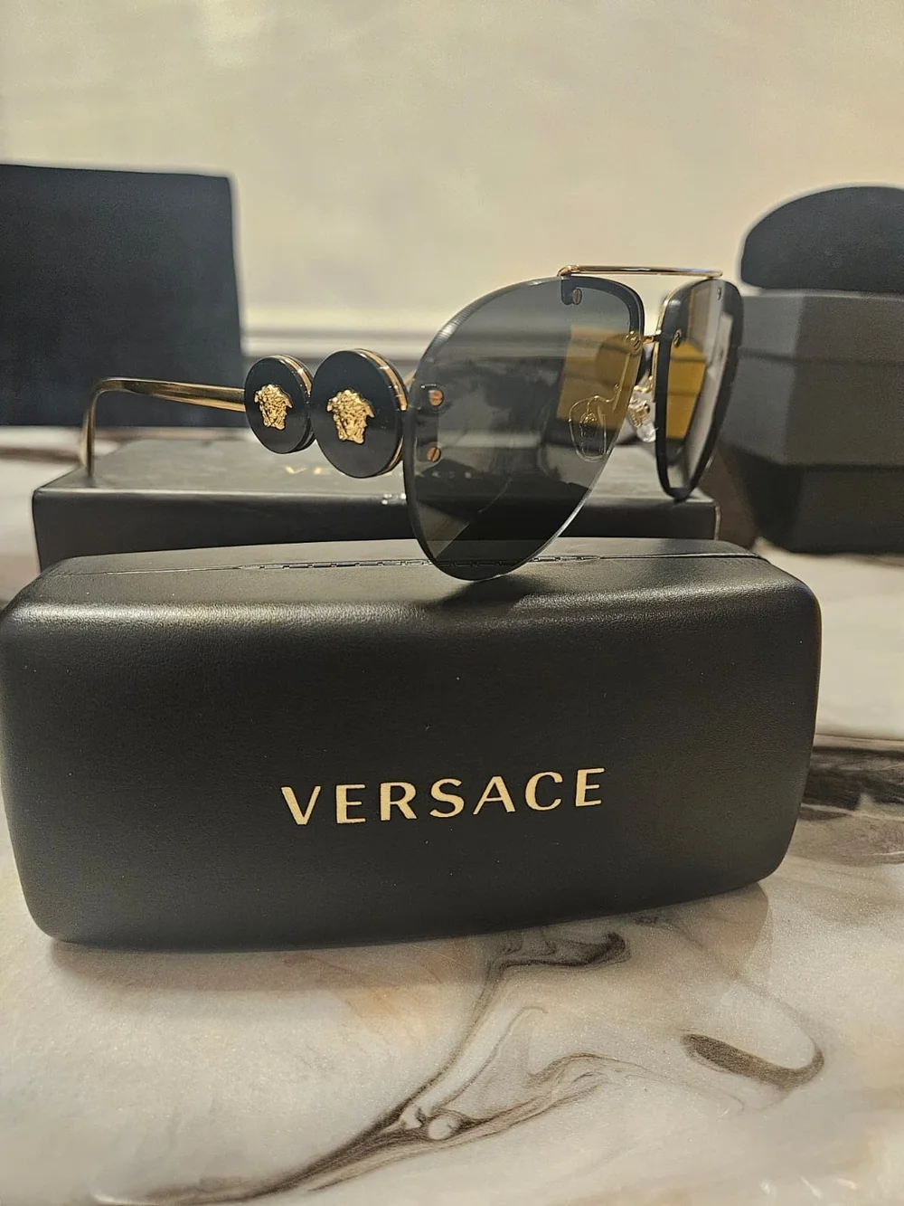 Versace Gold Frame Sunglasses with Black Lenses